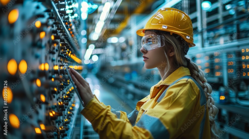 Female Industrial Engineer Adjusting Controls in Manufacturing Plant