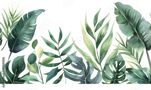 Watercolor frame with tropical leaves and jungle plants