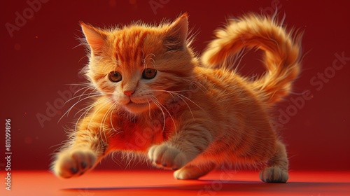 A cute cat behaves adorable on a red background photo