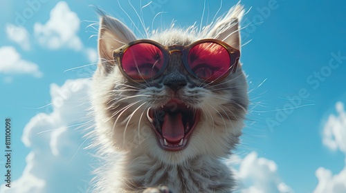 An adorable cute cat wearing glasses on a blue background © pengedarseni