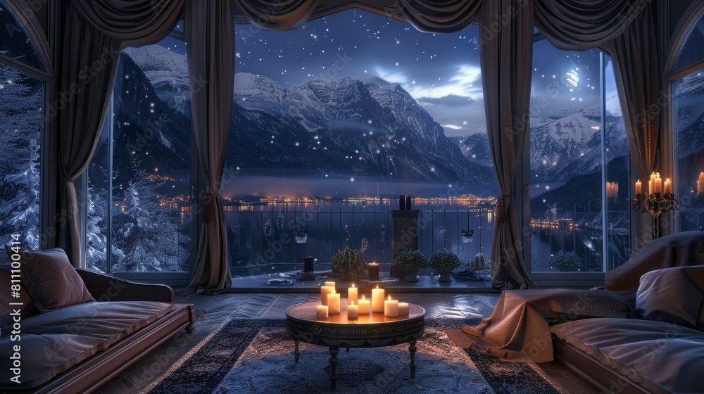 living room of a mansion at night with a table with candles overlooking a lake and mountains living room of a mansion at night with a table with candles overlooking a lake and mountains