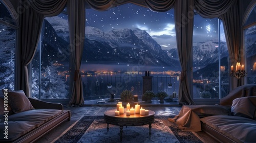 living room of a mansion at night with a table with candles overlooking a lake and mountains