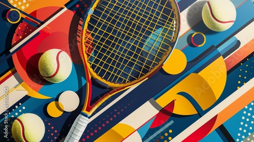 high quality tennis themed multicolored art deco illustration with tennis balls and tennis racket © Pter