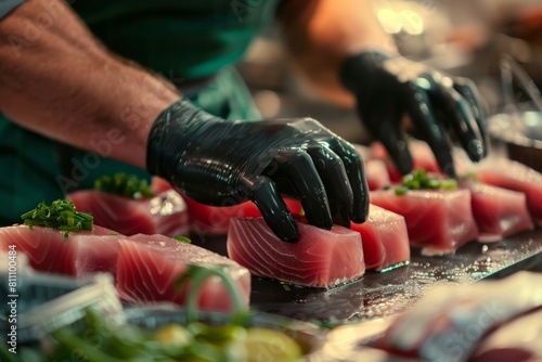 Culinary master expertly marinating fresh tuna for cooking, demonstrating expertise and precision in flavor development. photo