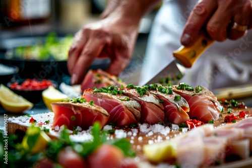 Culinary master preparing a gourmet seafood platter with fresh tuna, showcasing elegance and sophistication in culinary presentation.