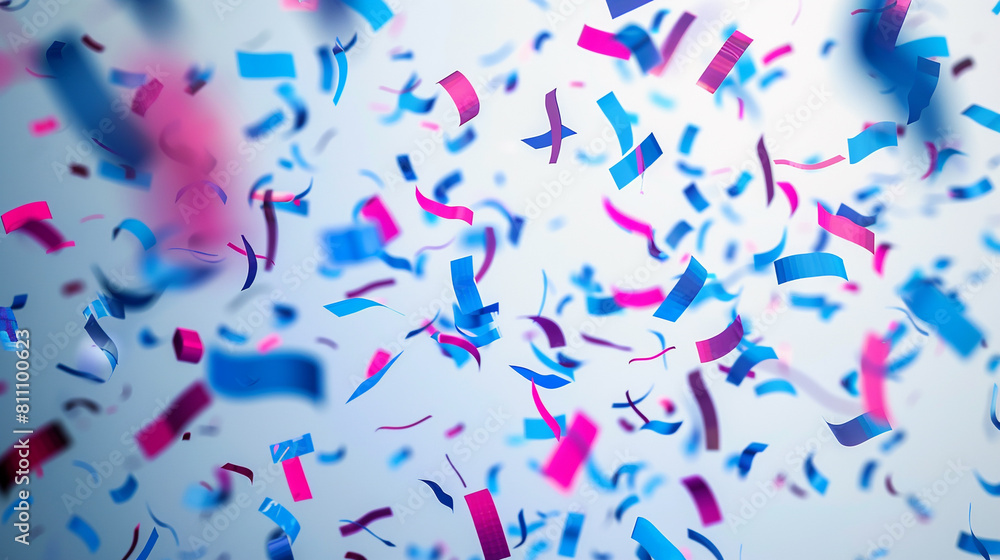 Electric blue and hot pink confetti drifting on a crisp white background, evoking a dynamic and joyful celebration.