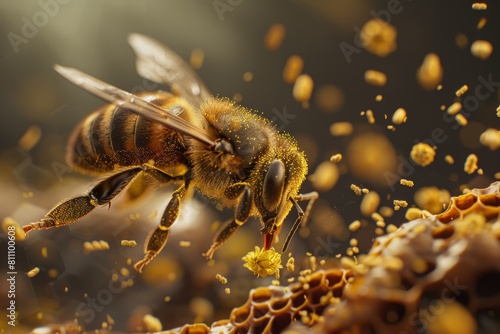 Detailed close-up of a bee carrying pollen back to the hive to create honey, emphasizing the industrious nature of these remarkable insects. © Piyaphorn