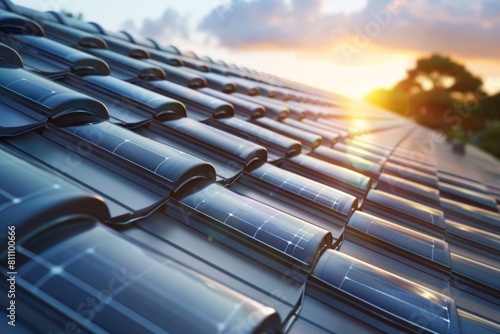 Detailed photograph of roof tiles designed with built-in solar panels, exemplifying the convergence of innovation and environmental consciousness in construction. photo