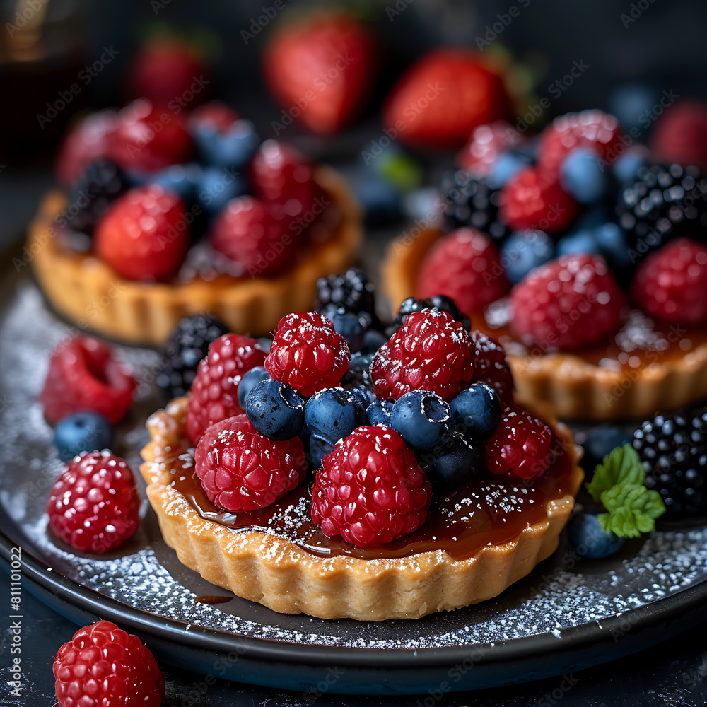 a tartlets with berries on a dark background a tartlets with berries on a dark background