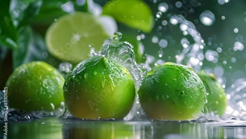 Limes and water splashing in slow motion 