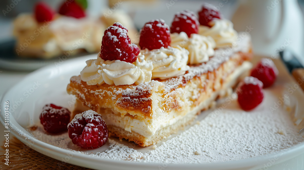 Piece of cake with raspberries and cream on a plate Piece of cake with raspberries and cream on a plate