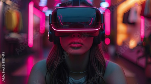 Young Woman Experiencing Virtual Reality Shopping in a Neon-Lit Environment
