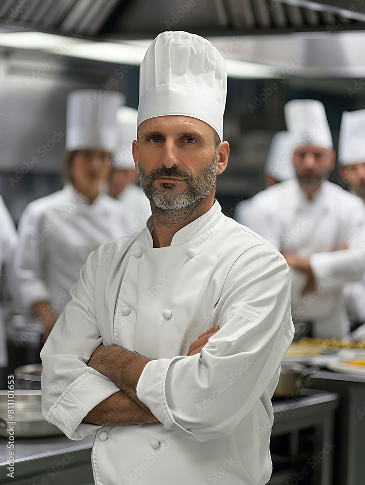 Portrait of a male chef standing with his arms crossed in a restaurant kitchen