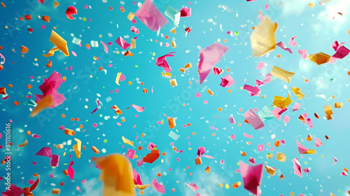 Festive confetti scattering across a cool ice blue backdrop, captured with pristine clarity and a joyous vibe.