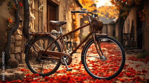 A vintage bicycle standing on the old street in autumn.