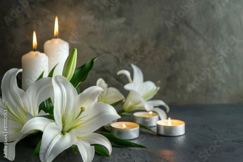 Tranquil funeral condolence background featuring white lilies and glowing candles against a textured gray backdrop symbolizing peace and remembrance