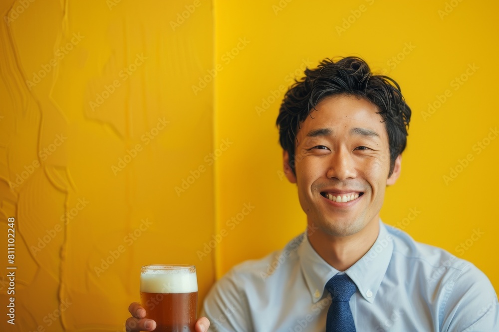 ビールを持つ笑顔の日本人の男性会社員（飲み会・乾杯・歓迎会・送別会・暑気払い）