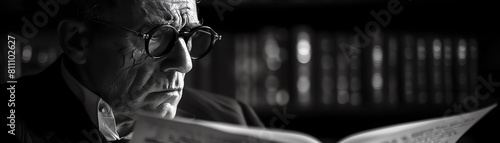 A black and white portrait of an elderly man reading a newspaper. The man is wearing glasses and has a thoughtful expression on his face. The background is a blur of bookshelves. photo