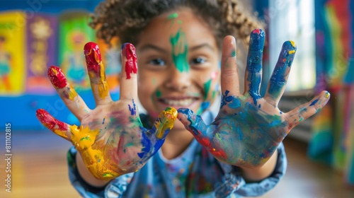 A messy but happy child uses their hands to paint colorful art