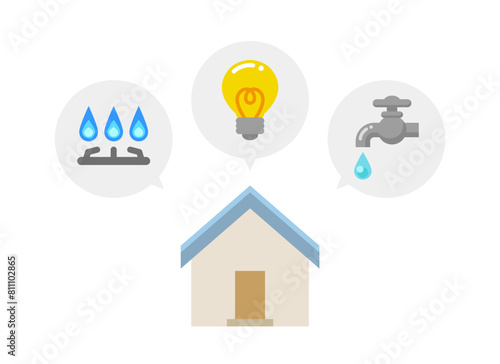 電気・ガス・水道の光熱費と住宅のイラスト