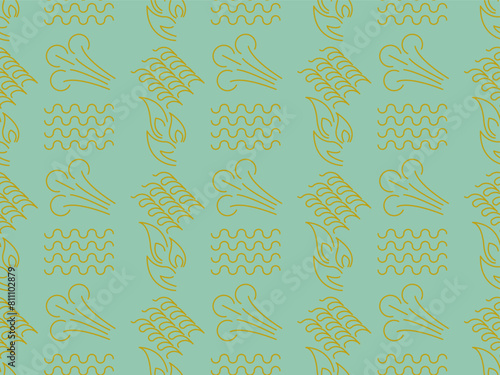 Seamless pattern made of elements-like symbols: fire, wind, water and earth. Green backgroung (backdrop). Travel, outdoor, signs, symbols. Vector illustration.