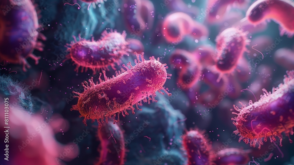 The image is of a group of bacteria. The bacteria are pink and the background is blue-green. The bacteria are in a cluster and appear to be moving. The image is of a group of bacteria. The bacteria are pink and the background is blue-green. The bacteria are in a cluster and appear to be moving.