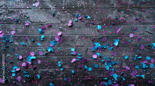 Glossy magenta and icy blue confetti raining on a charcoal grey canvas, adding color and joy to the scene.