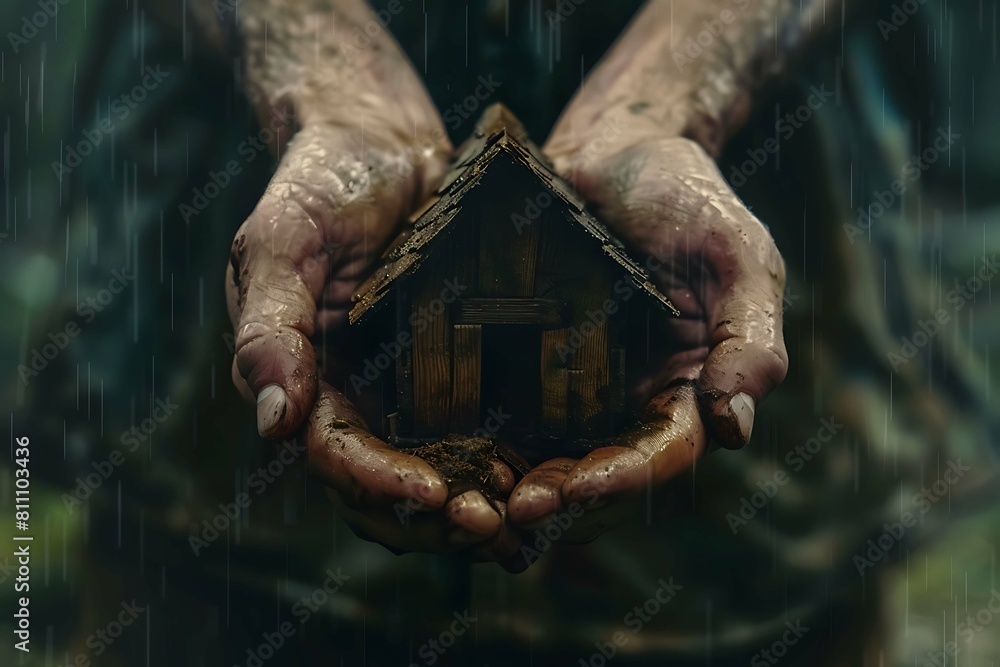 Conceptual image depicting two hands delicately holding a miniature house Conceptual image depicting two hands delicately holding a miniature house