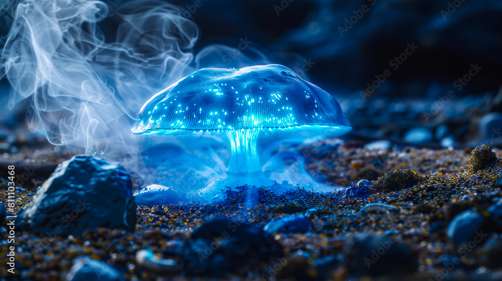 Obraz premium A blue mushroom with smoke coming out of it.