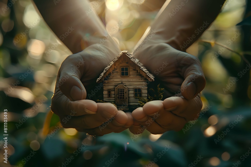 Fototapeta premium Conceptual image depicting two hands delicately holding a miniature house