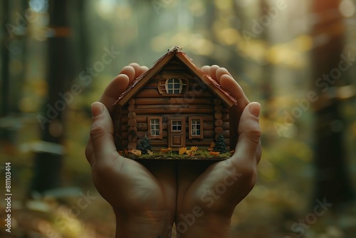 Conceptual image depicting two hands delicately holding a miniature house