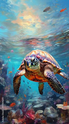 Vibrant sea turtle navigating a lively coral reef, surrounded by tropical fish, perfect representation of marine biodiversity. underwater ecosystems, eco-tourism, summer holiday concept