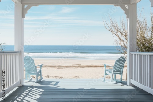 A beach scene with two blue chairs and a white railing. Scene is peaceful and relaxing