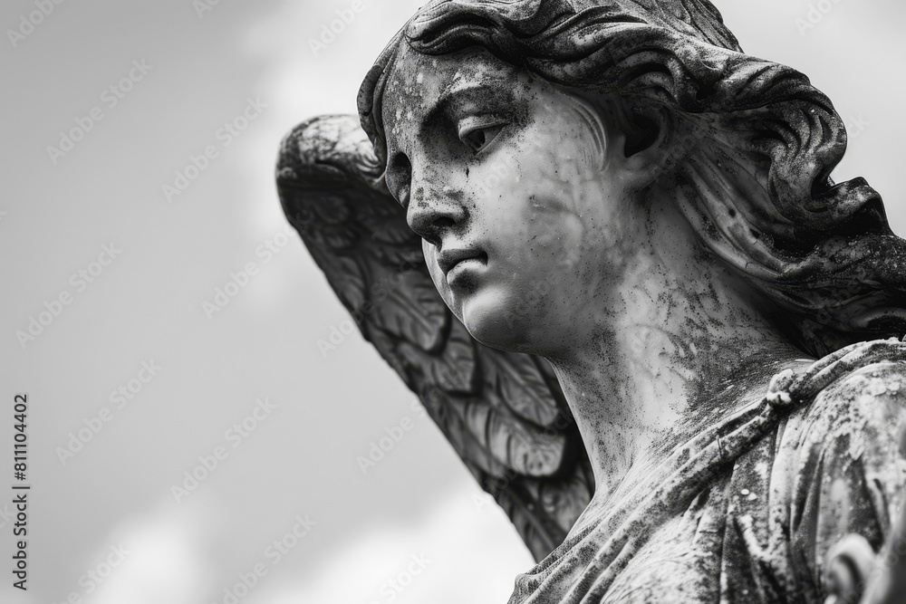 Close-up monochrome image capturing the somber expression of an angel statue, symbolizing mourning and remembrance in a funeral context Close-up monochrome image capturing the somber expression of an angel statue, symbolizing mourning and remembrance in a funeral context