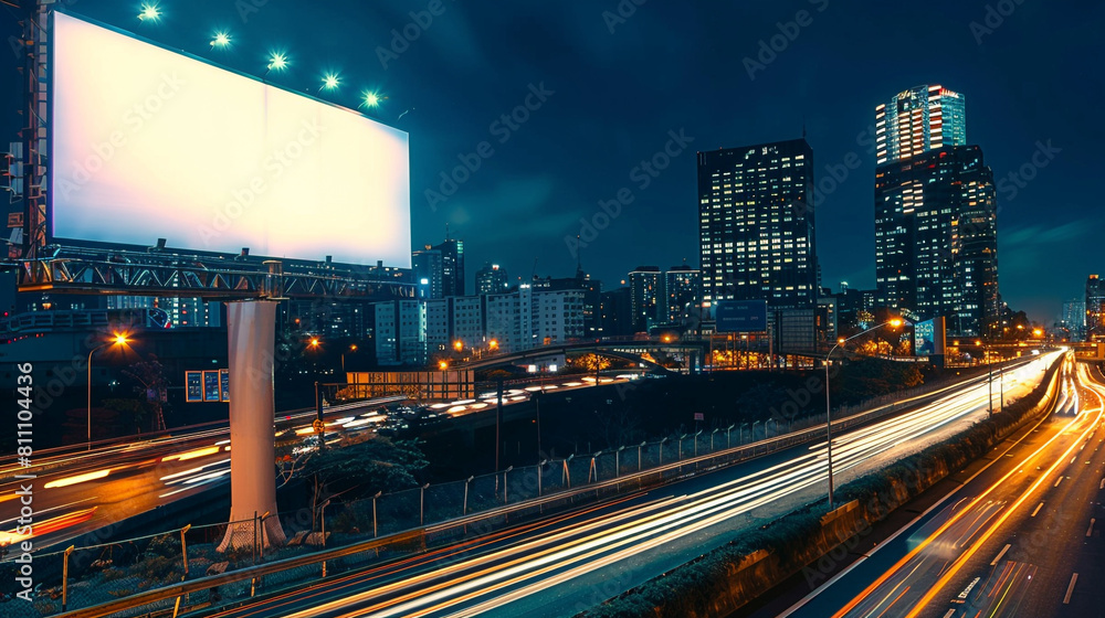Illuminated empty billboard on a bustling city highway at night, with glowing city lights and cars passing by.