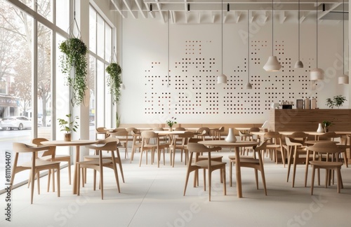 Modern white coffee shop interior with wooden tables and chairs