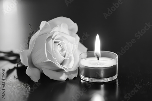 Monochrome image featuring a white rose beside a lit candle, evoking a serene mood for remembering and honoring lost loved ones photo