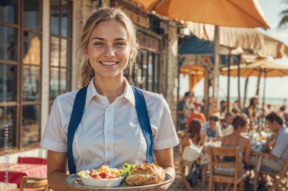 Happy Nederland waitress in uniform with a tray brings food on a heavily blurred background of a beach restaurant Happy Nederland waitress in uniform with a tray brings food on a heavily blurred background of a beach restaurant
