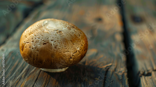 A mushroom sitting on top of a wooden table.