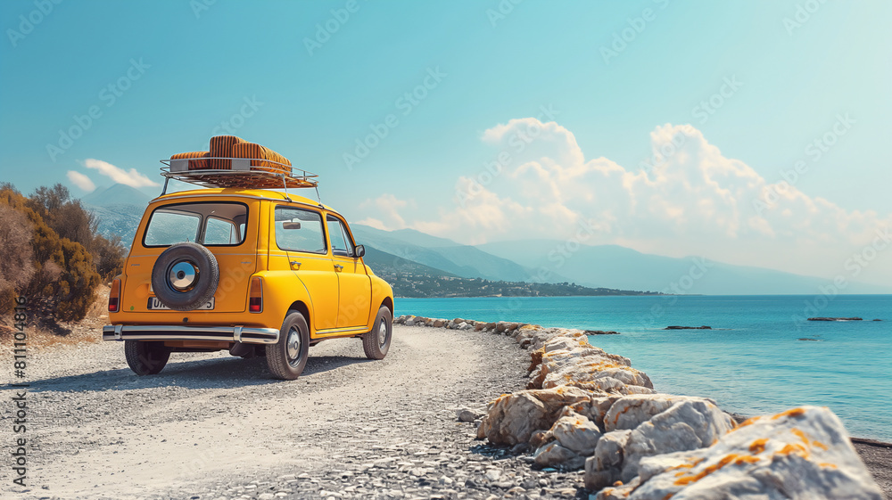 Yellow vintage car with luggage on a coastal road, turquoise sea, and mountains under a clear blue sky.