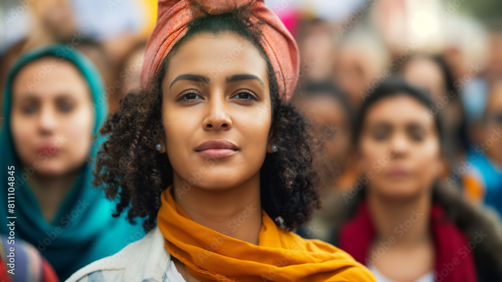 Confident woman in a headscarf stands in front of a diverse crowd, symbolizing leadership and empowerment.