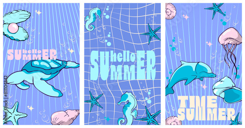 set of vector banners with sea life with, summer poster, hello summer