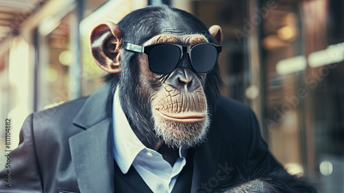 Chimpanzee wearing sunglasses in a business suit