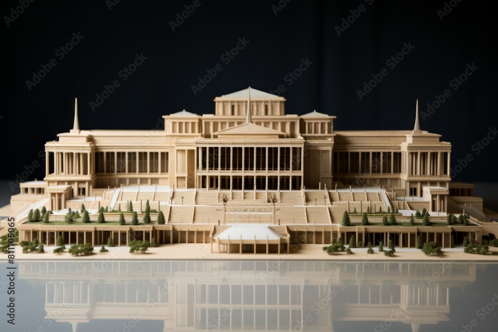 Fototapeta premium A model of a building with a lot of columns and a large dome. The building is made of wood and is very detailed