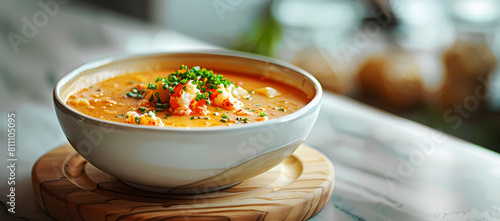 creamy lobster bisque on a wooden coaster photo