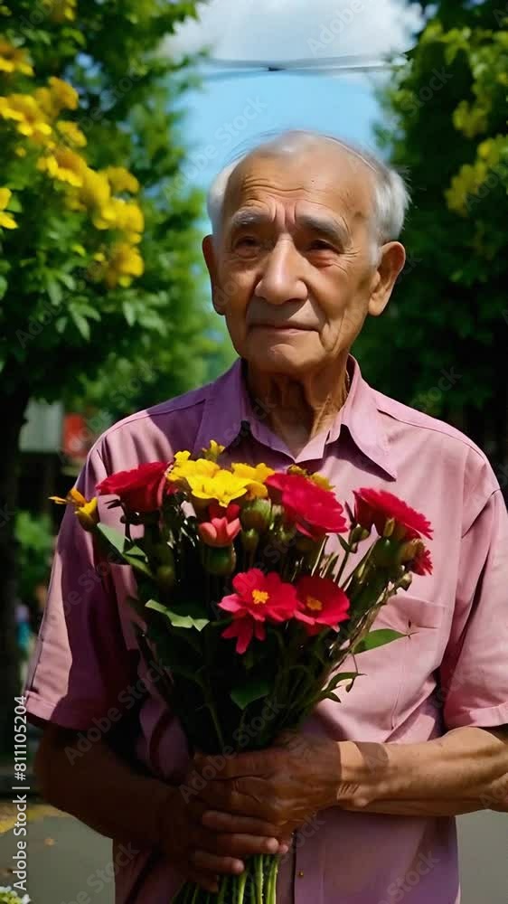 elderly man with a bouquet of flowers, vertical video elderly man with a bouquet of flowers, vertical video