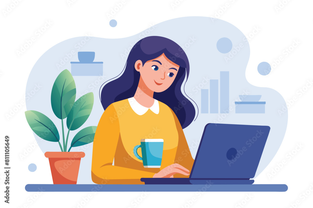 Woman typing on laptop in front of potted plant, AI generated Woman typing on laptop in front of potted plant, AI generated