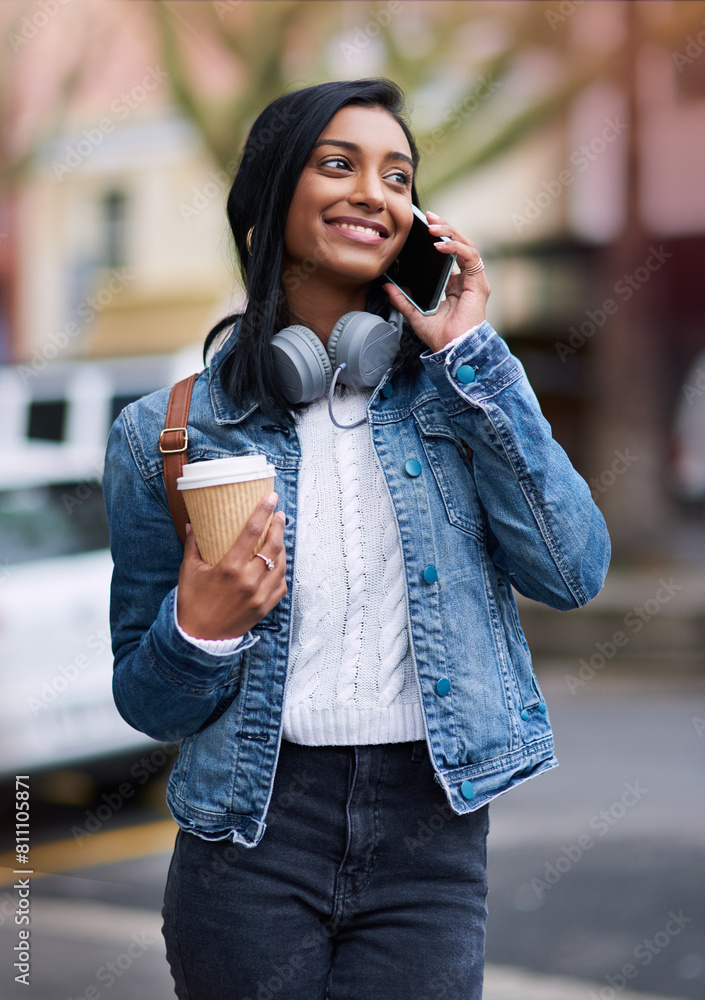 Phone call, walking and woman in city, conversation and communication with smile and travel. Happy person, student and girl with smartphone or mobile user with connection and digital app with commute Phone call, walking and woman in city, conversation and communication with smile and travel. Happy person, student and girl with smartphone or mobile user with connection and digital app with commute
