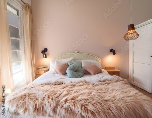 Comfortable bedroom with luxury interior design featuring a cozy bed, stylish furniture, and elegant decor