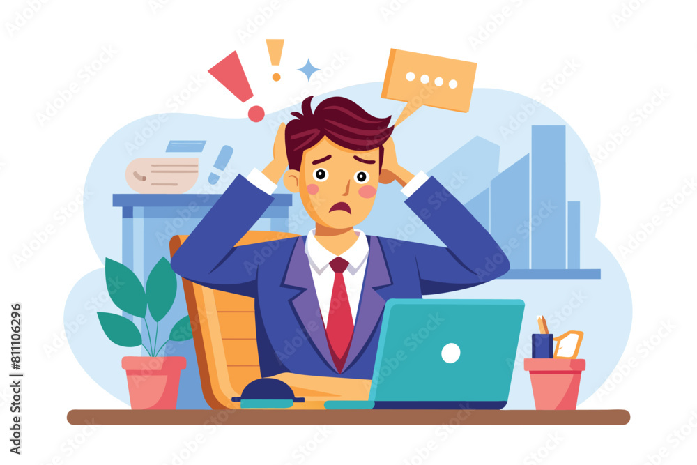 Businessman looking fatigued and stressed at work. AI generated